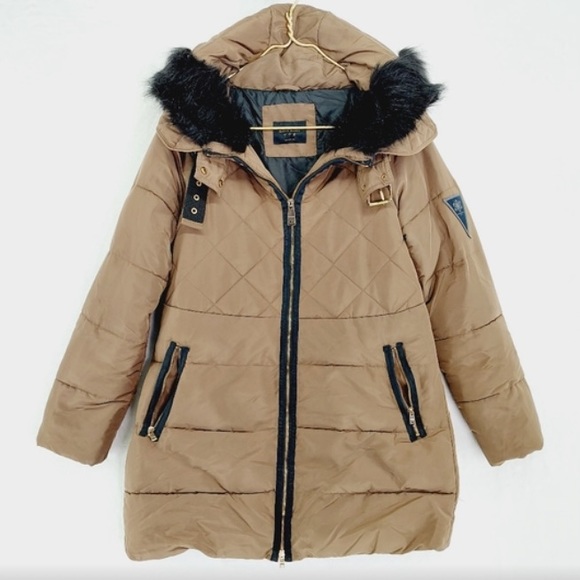 Zara Jackets & Blazers - [Zara] Tan w/ Black Fur Trim Hooded Quilted Puffer Coat - Women's Large